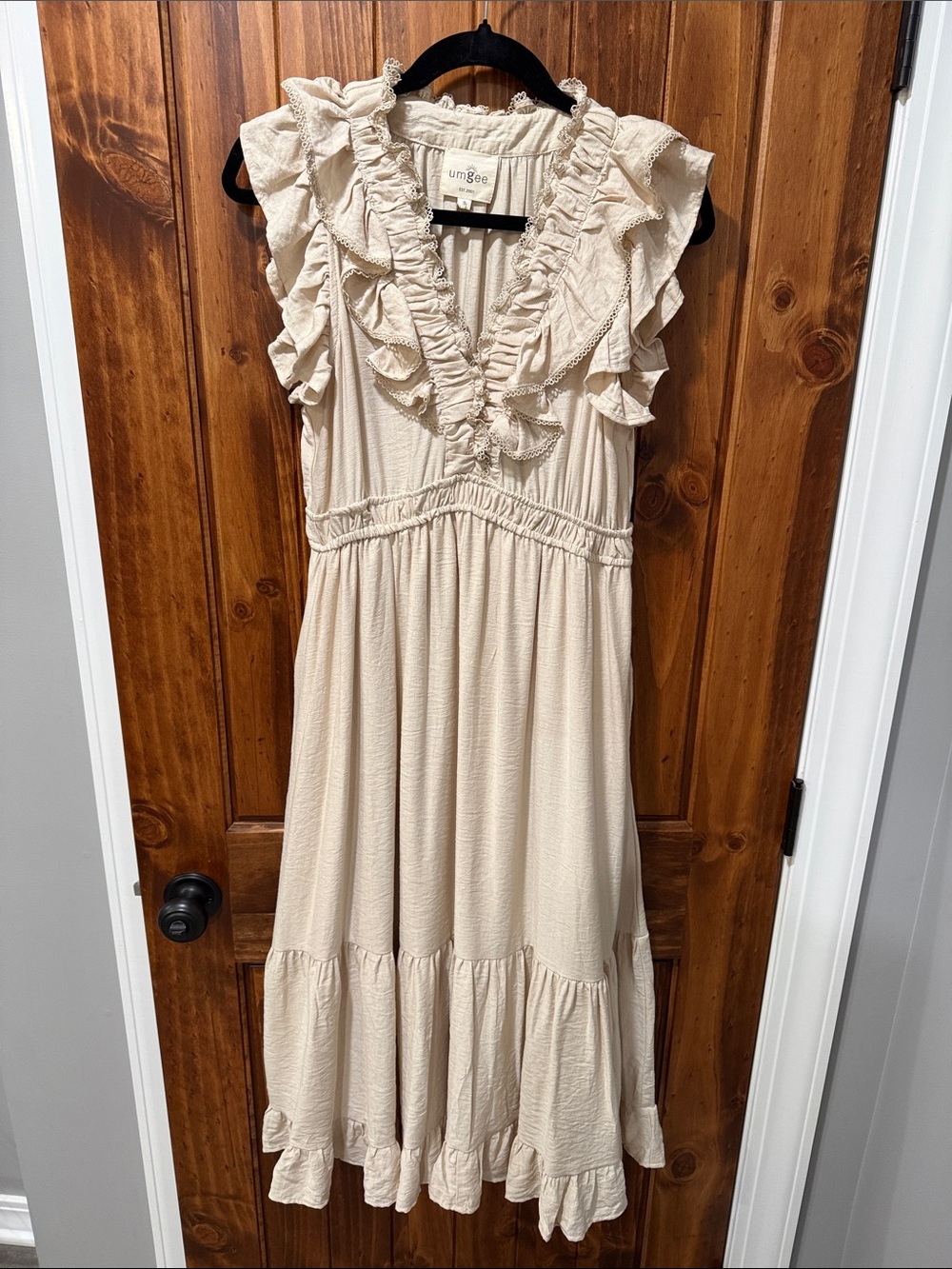 Umgee Cream Ruffle V-Neck Tiered Maxi Dress